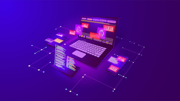 Web software Digital website application Mobile technology tool platform Computer program data Device connection Rozwój biznesowy Laptop i smartfony Koncepcja wektorowa