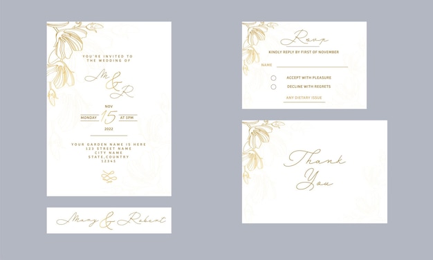 Wedding Card Suite Szablonu Układu Ozdobione Złotym Liniowym Kwiatowym W Kolorze Białym.