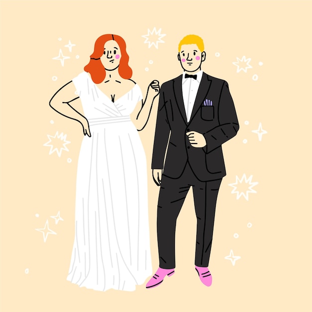 Wedding Para Ilustracji Wektorowych Mężczyzny I Kobiety Właśnie Poślubił Wszystkiego Najlepszego Z Okazji Oblubieńca I Oblubienicy W Wedd