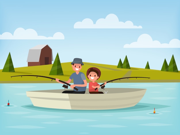 Wędkowanie Na Jeziorze. Ojciec I Syn łowią Ryby, Siedząc W łodzi. Ilustracja