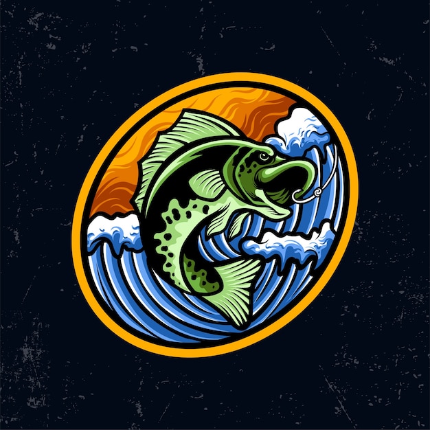 Wędkowanie Zielona Ryba Maskotka Ilustracja Z Błękitną Falą Oceanu