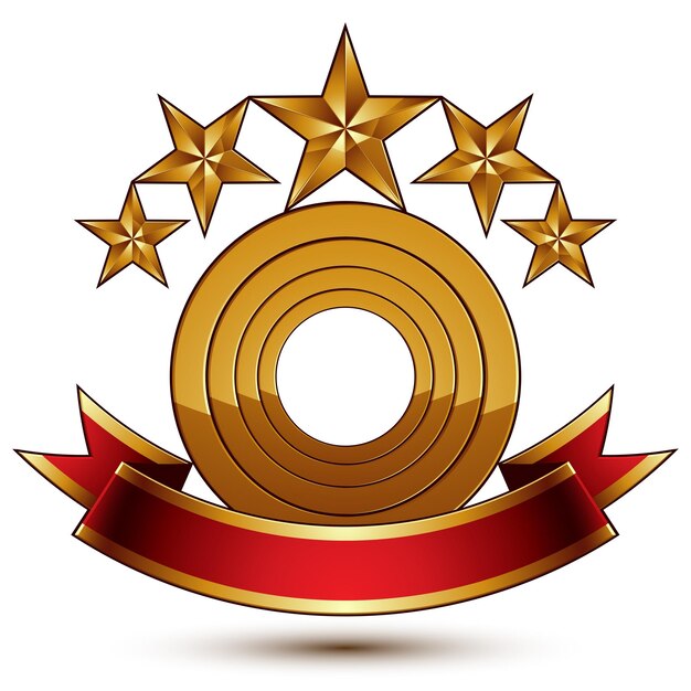 Plik wektorowy wektor 3d klasyczny symbol królewski z wyrafinowanymi pięcioma złotymi gwiazdami i czerwoną ozdobną falistą wstążką, błyszczący złoty element na białym tle. elegancki herb.