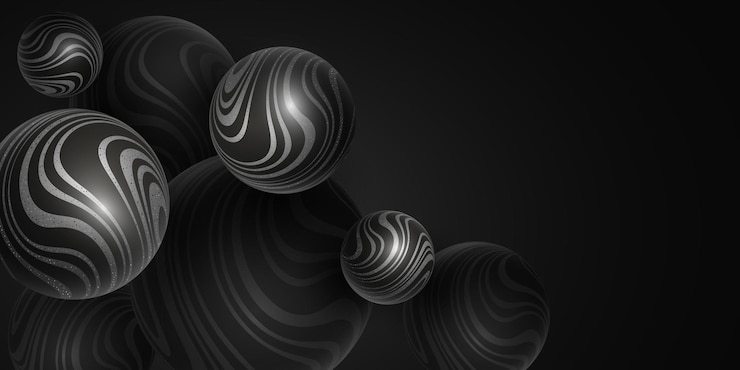 Wektor 3d kule ze srebrnym błyszczącym falistym wzorem w paski. Elegancka geometria. Streszczenie tło bańki. Kulki dynamiczne. Nowoczesna okładka. Wektor. EPS 10