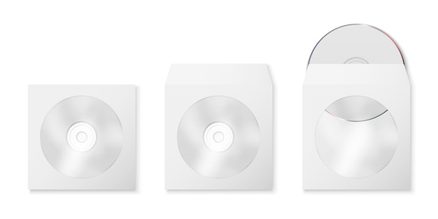 Plik wektorowy wektor 3d realistyczne białe puste płyty cd dvd i papier zamknięte i otwarte koperty z zestawem osłon okiennych z tworzywa sztucznego na białym tle szablon projektu widok z przodu z góry opakowania do makiety