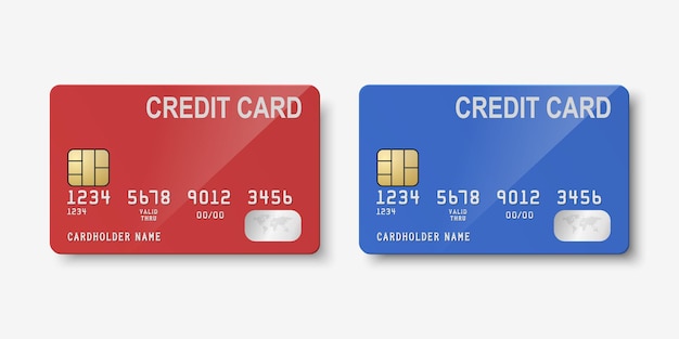 Wektor 3d Realistyczne Czerwone I Niebieskie Puste Karty Kredytowej Na Białym Tle Szablon Projektu Plastikowej Karty Kredytowej Lub Debetowej Dla Makieta Marki Koncepcja Płatności Kartą Kredytową Przednia Strona
