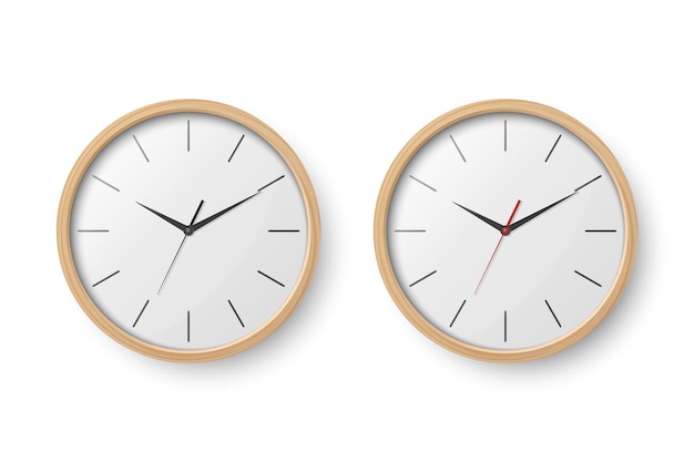 Wektor 3d realistyczne drewniane brązowe ściany biurowe zegar zestaw ikon szablon projektu zbliżenie zegara ściennego na białym tle na biały makieta dla marki i reklamować widok z przodu