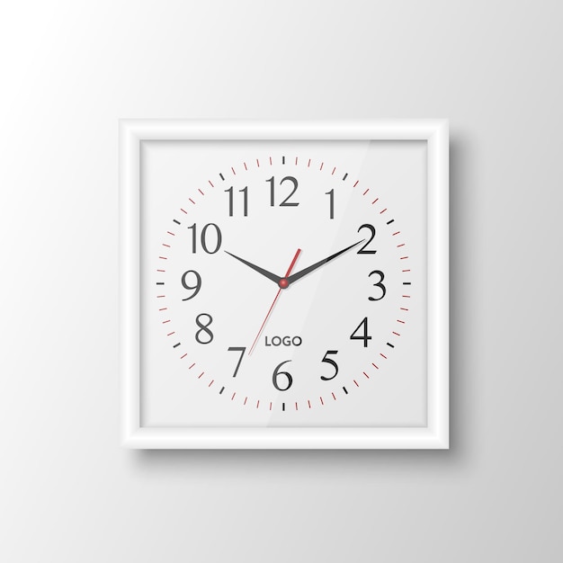 Plik wektorowy wektor 3d realistyczne kwadratowe białe ściany office zegar projekt szablonu na białym tle na biały makieta zegara ściennego dla marki i reklamy na białym tle projekt tarczy zegara