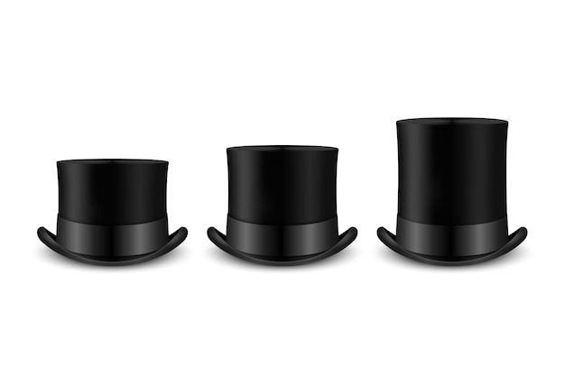 Plik wektorowy wektor 3d realistyczne retro vintage czarny top hat zestaw ikon zbliżenie na białym tle na biały szablon projektu top hat makieta dżentelmeni kapelusz ikona najlepsze kapelusze w widoku z przodu