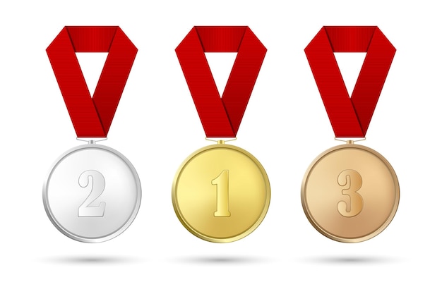 Wektor 3d Realistyczne Złoto Srebro I Brąz Nagroda Medal Ikona Zestaw Z Kolorowe Wstążki Zbliżenie Na Białym Tle Pierwsze Drugie Trzecie Miejsce Nagrody W Turnieju Sportowym Koncepcja Zwycięstwa