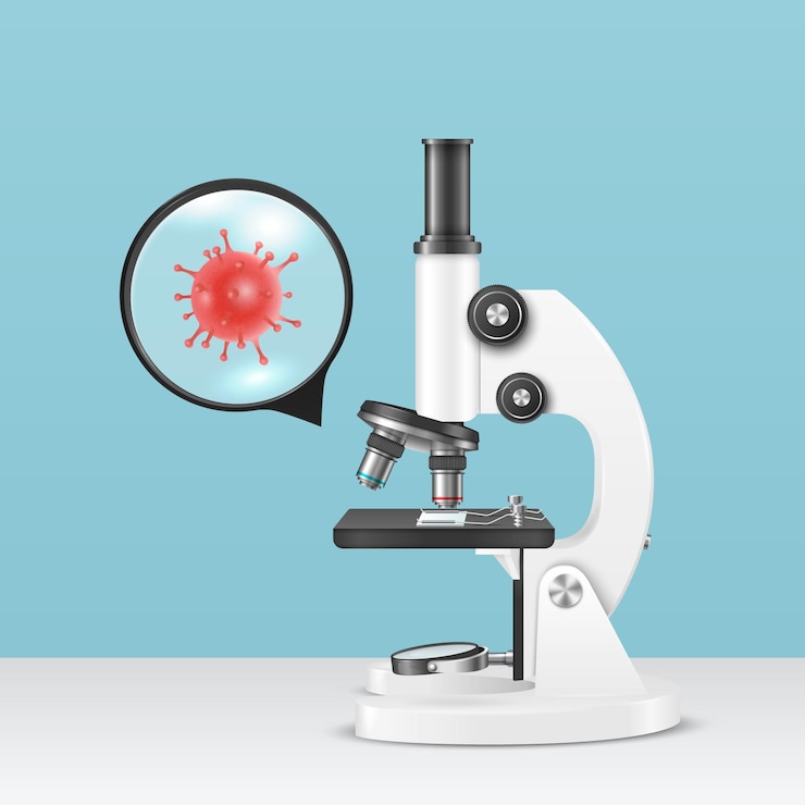 Wektor wektor 3d realistyczny biały mikroskop laboratoryjny wirus bakterie i szkło powiększające chemia biologia narzędzie nauka laboratorium badania edukacja koncepcja transparent szablon projektu makieta widok z przodu