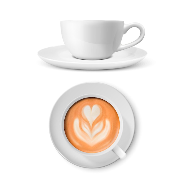 Plik wektorowy wektor 3d realistyczny biały porcelanowy kubek ceramiczny pianka do kawy z mlekiem kwiat serce wzór zestaw na białym tle na biały capuccino latte wektor ilustracja szablon projektu makieta widok z przodu z góry