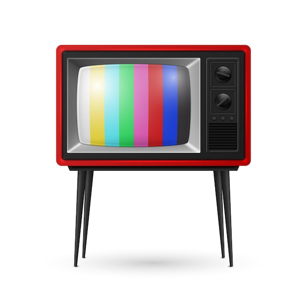Wektor 3d Realistyczny czerwony retro paskowy ekran odbiornik telewizyjny izolowany na białym tle Koncepcja projektowania wnętrz domu Vintage telewizor telewizor przedni widok