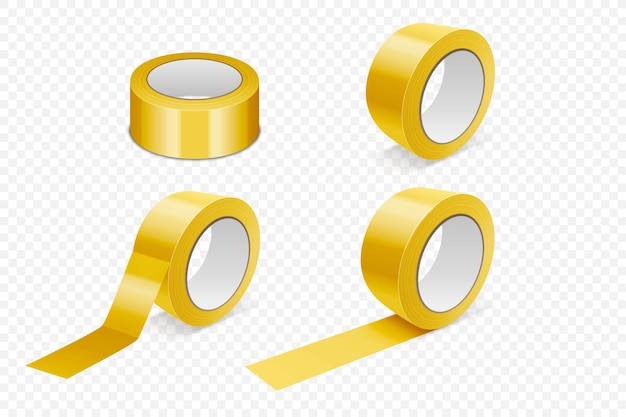 Plik wektorowy wektor 3d realistyczny glossy yellow tape roll icon set mockup closeup izolowany na białym tle szablon projektowania opakowania sticky tape roll lub taśma klejąca do mockup front view