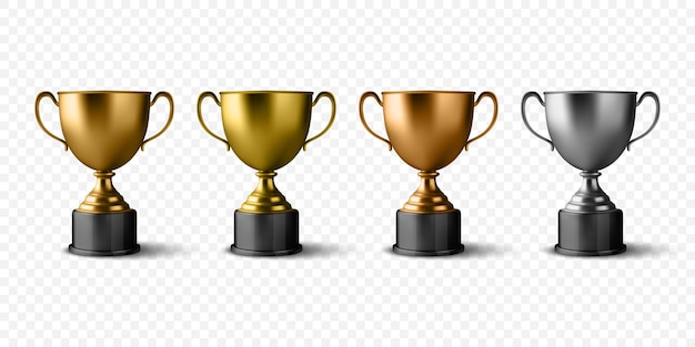 Wektor 3d Realistyczny Złoty Brąz Srebrny Puchar Mistrza Icon Set Closeup Izolowane Puchary Pucharów Mistrzostw Sport Tournament Award Design Szablon Pucharu Pucharu dla Koncepcji Zwycięstwa