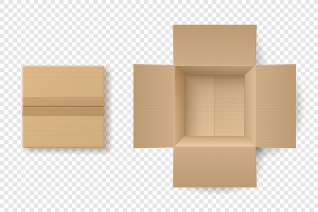 Wektor 3d zamknięte i otwarte kartonowe brązowe rzemiosło papierowe pudełko zestaw prezentów na białym tle urodziny nowy rok Boże Narodzenie Walentynki sprzedaż niespodzianka zakup koncepcja szablon opakowania widok z góry