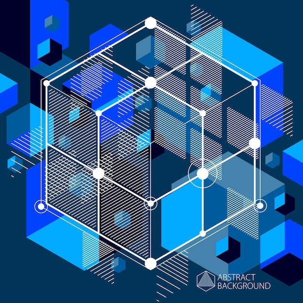 Plik wektorowy wektor abstrakcyjne niebieskie czarne tło utworzone w stylu izometrycznych linii siatki. schemat mechaniczny, rysunek inżynierii wektorowej z częściami sześcianu i mechanizmu. idealne tło dla projektów projektowych