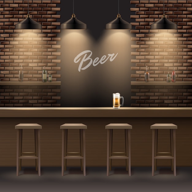 Plik wektorowy wektor bar, wnętrze pubu z ceglanymi ścianami, drewniany blat, krzesła, półki, alkohol, kufel piwa i lampy