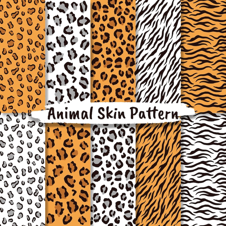 Wektor wektor bez szwu wzorów zestaw z teksturą skóry zwierząt. cheetah giraffe leopard jaguar, powtarzające się zwierzęce tła do projektowania tekstyliów, papier do pakowania.