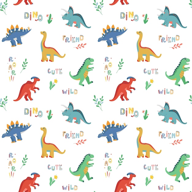 Wektor bezszwowe powtarzający się wzór dzieci z uroczymi roślinami dinozaurów i komiksowymi cytatami dino doodle