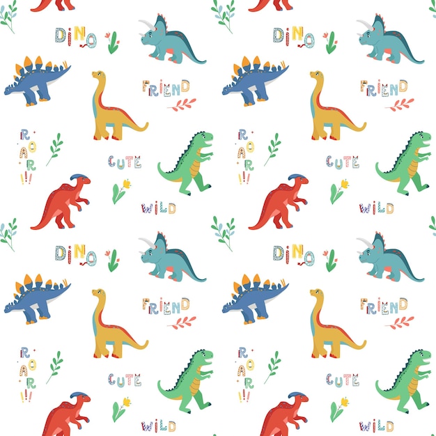 Plik wektorowy wektor bezszwowe powtarzający się wzór dzieci z uroczymi roślinami dinozaurów i komiksowymi cytatami dino doodle