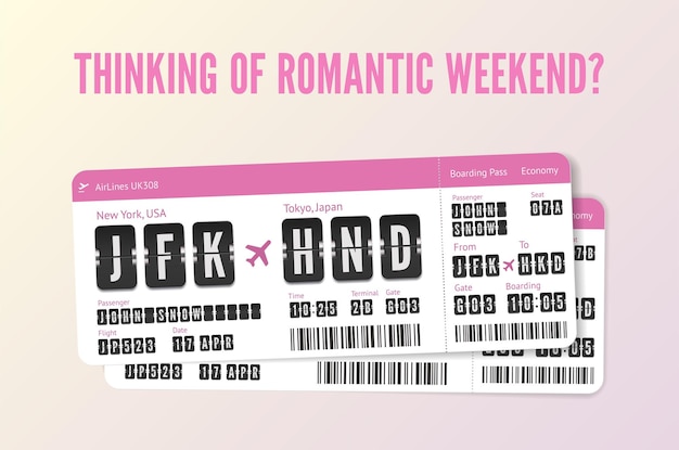 Wektor bilety lotnicze dla pary szukającej sakury Dwie karty lotu dla pary na romantyczny weekend