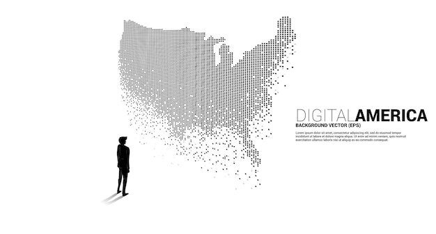 Wektor Biznesmen Stojący Z Mapą Stanów Zjednoczonych Z Kwadratu Pikseli. Koncepcja Połączenia Sieci Cyfrowej Ameryki.