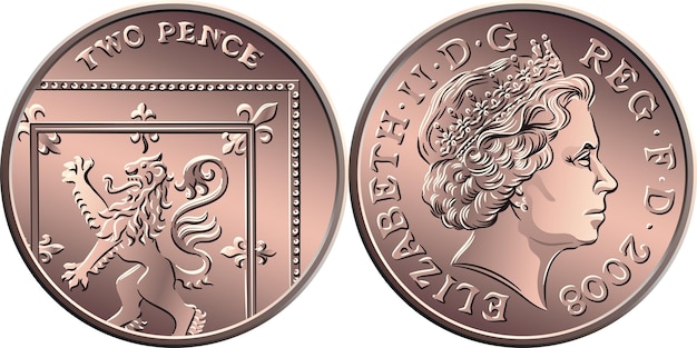 Wektor brytyjska złota moneta dwa rewersy siku lub pensów z segmentem królowej tarczy królewskiej na awersie