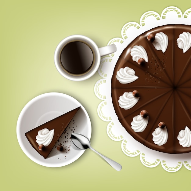 Plik wektorowy wektor cięcia ciasto czekoladowe z polewą, bita śmietana, filiżanka kawy, łyżka, talerz, biała koronkowa serwetka widok z góry na białym tle na tle pistacji