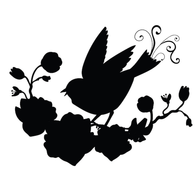 Wektor czarna sylwetka ptak śpiewający i kompozycja kwiatowa