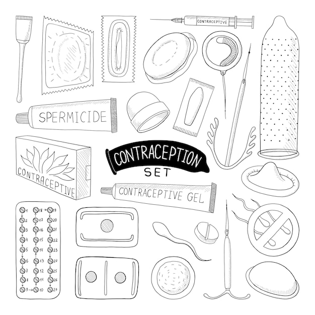 Wektor Czarno-biała Kolekcja Przedmiotów Antykoncepcyjnych