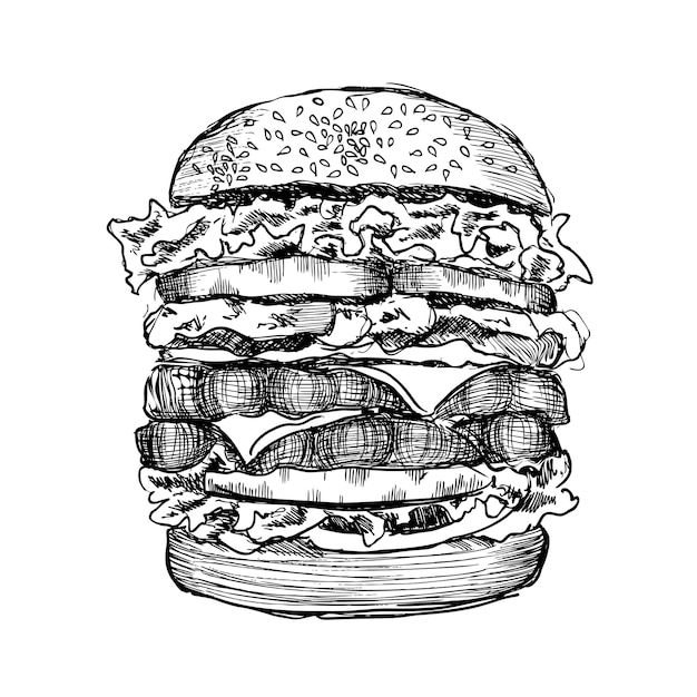 Wektor Czarny Ręcznie Rysowane Burger Na Białym Tle