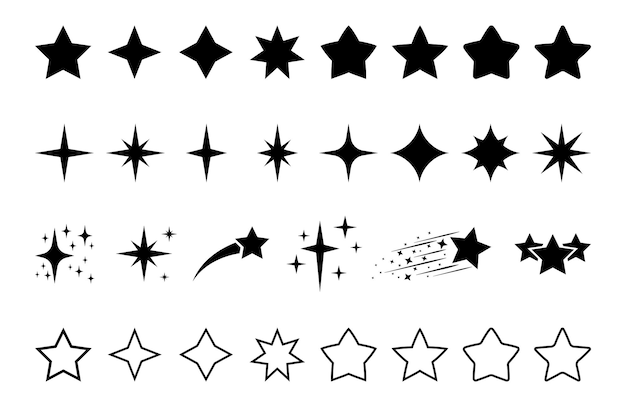 Plik wektorowy wektor czarny zestaw ikon gwiazdy. kolekcja płaskich kształtów gwiazd. zarysuj symbole gwiazd