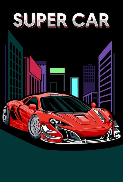 Wektor Czerwony Supersamochód Z Tłem Budynku Luksusowy Samochód Sportowy Realistycznie Narysowany