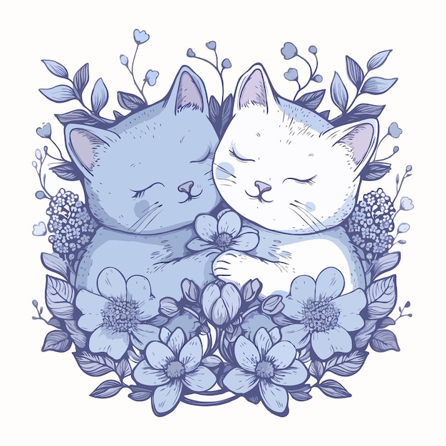 Plik wektorowy wektor dwa zakochane koty otoczone kwiatami t-shirt graficzny