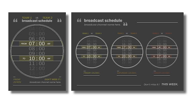Wektor dwóch postów harmonogramu transmisji dla meczów sportowych, minimalny styl.