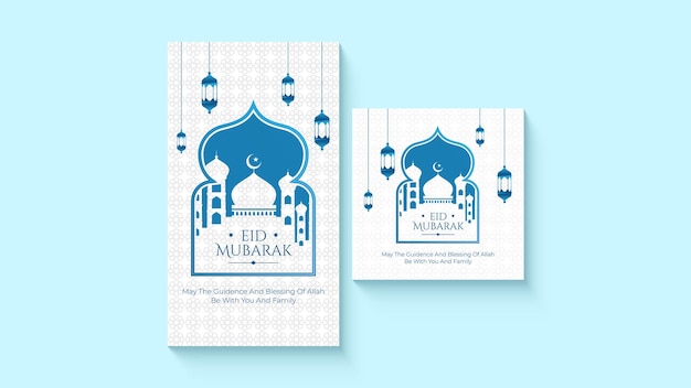 Plik wektorowy wektor eid mubarak błękitny meczet i latarnia nowoczesny instagram post instagram stories