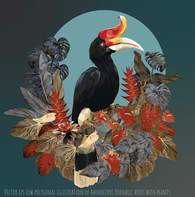 Wektor wektor eps niska wielokątna ilustracja ptaków rhinoceros hornbill z roślinami