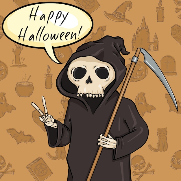 Wektor Halloween Pocztówka śmierć Z Kosą I Bańką Happy Halloween Brązowy Wzór Tła