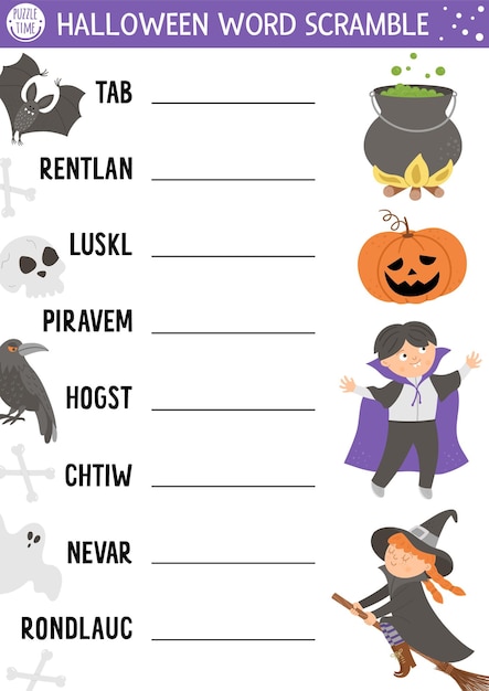 Wektor Halloween Słowo Wyścig Aktywność Strona Gry W Języku Angielskim Z Cute Czarownica Latarnia Wampira Dla Dzieci Jesień Jesień Wakacje Rodzinny Quiz Proste Edukacyjne Do Druku Worksheetxa