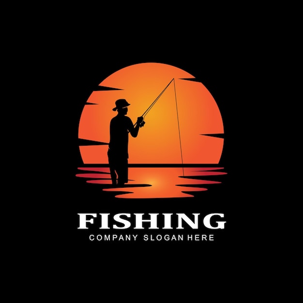 Wektor Ikona Logo Połowów Połowu Ryb Na łodzi Projekt Sylwetka Na Zewnątrz Zachód Słońca
