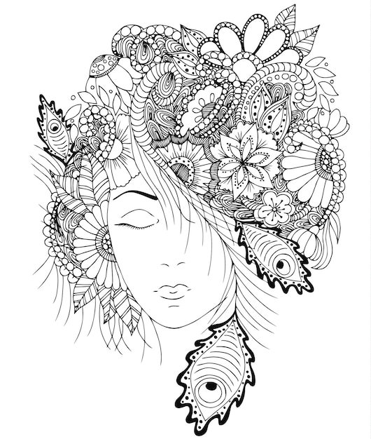 Wektor ilustracja dziewczyna z kwiatami i zentangle ślimakiem na głowie