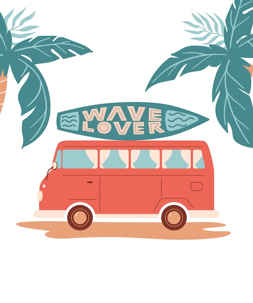 Wektor Ilustracja Kreskówka Lato Z Palmą Deski Surfingowej Samochodu Lub Autobusu I Napis Wave Lover