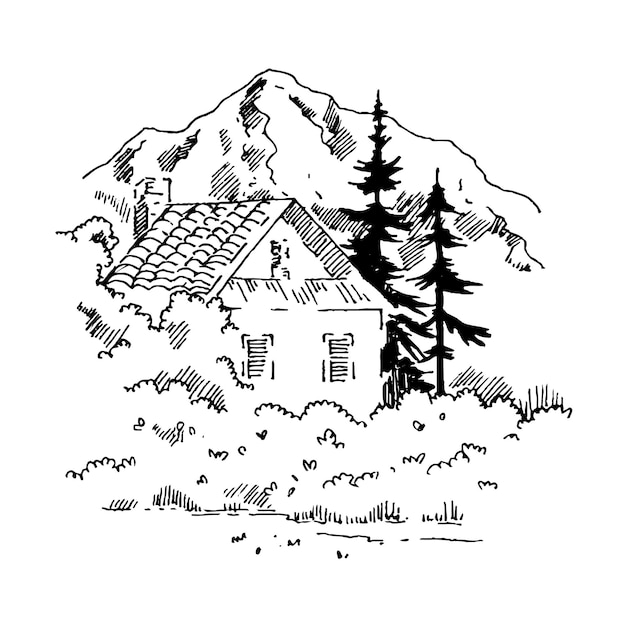 Plik wektorowy wektor ilustracja liniowy krajobraz na białym tle w ręku rysować minimalistyczny styl szkicu