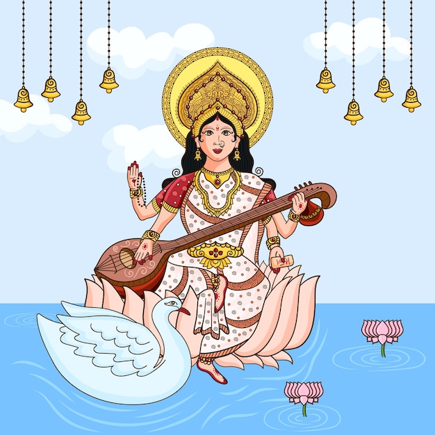 Wektor Indyjska Bogini Devi Maa Saraswati Szczęśliwy Vasant Panchami Indyjski Festiwal Indyjski Hinduizm Bóg