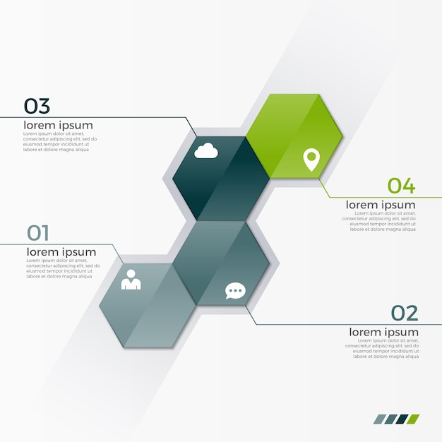 Wektor Infografika Szablon Z 4 Sześciokątami Do Prezentacji, Reklam, Układów, Raportów Rocznych