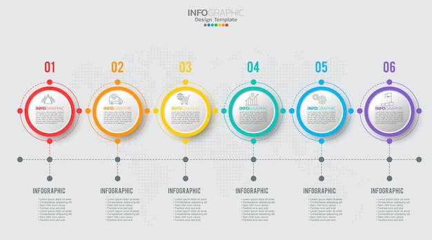 Wektor infografiki osi czasu z 6 krokami może być wykorzystany do projektowania stron internetowych z diagramem układu przepływu pracy