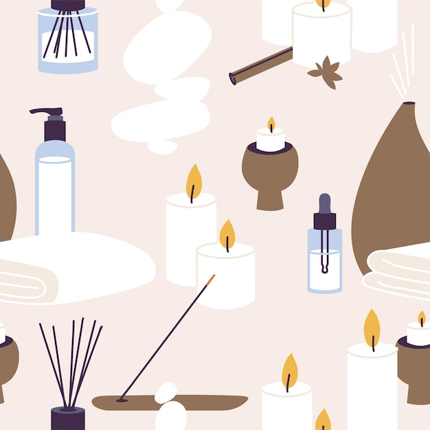 Wektor iseamless wzór z ekologicznymi i naturalnymi produktami do procedury spa i odnowy biologicznej. Pałeczki zapachowe i świeczki z olejkiem esencjalnym, balsam ziołowy.