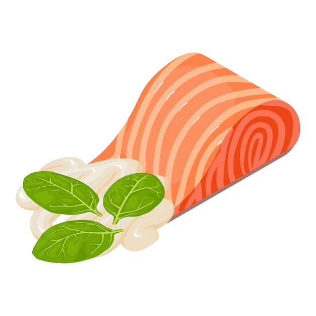 Plik wektorowy wektor izometryczny ikony owoców morza kawałek majonezu z czerwonej ryby i ikona szpinaku koncepcja żywności, zdrowe odżywianie