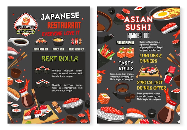 Wektor Japońskie Azjatyckie Menu Restauracji Sushi Jedzenie