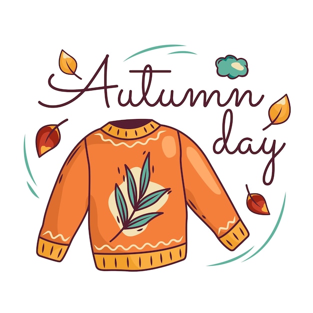 Plik wektorowy wektor kartkę z życzeniami jesień z dzianiny sweter opadające liście i odręczny tekst jasne tło na sezon jesienny